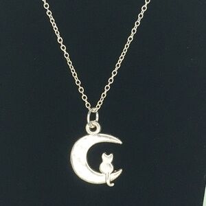 SILVER Plate Chain Kitty on Quarter Moon Necklace Hand-Crafted